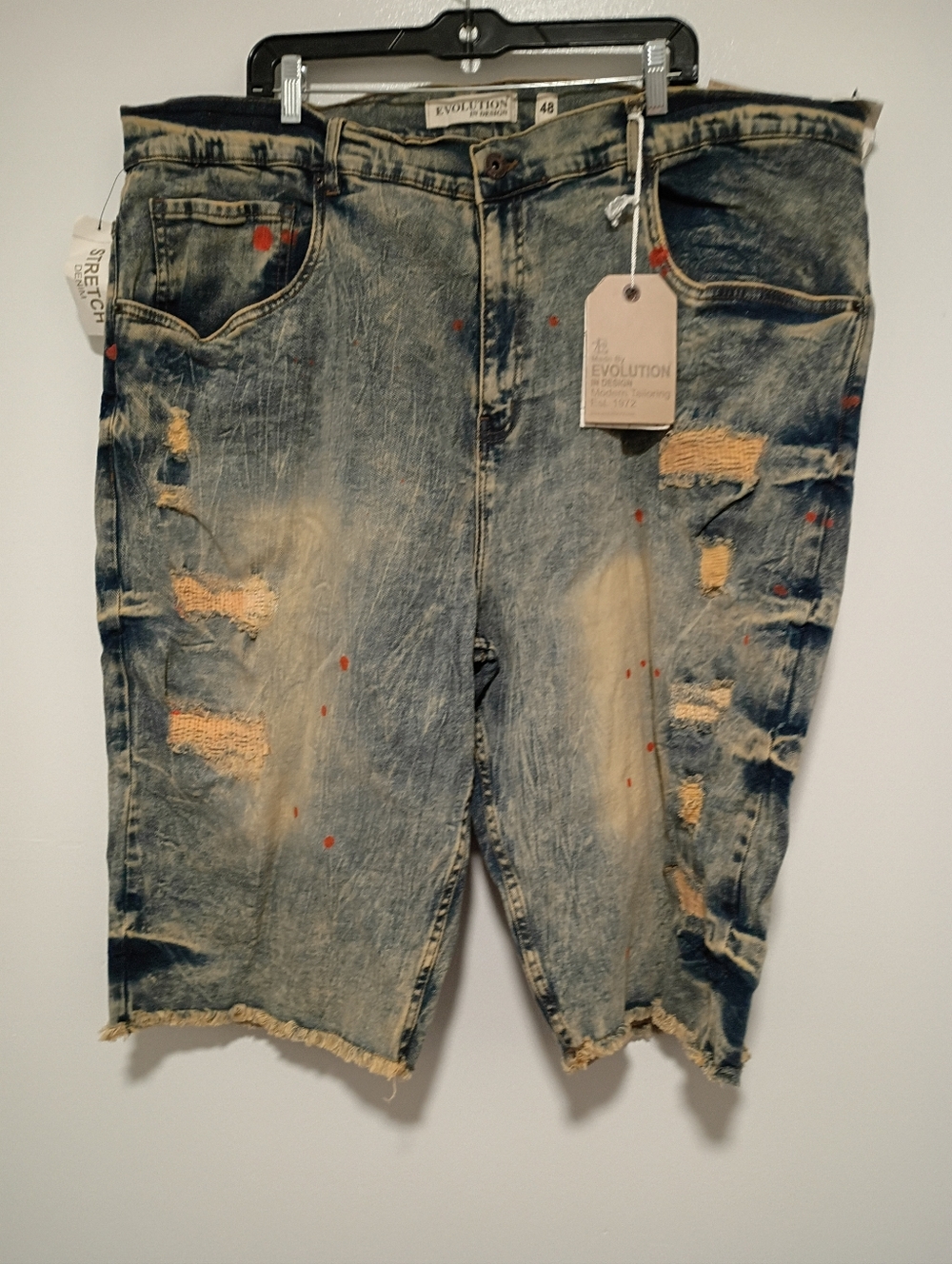 Evolution Distressed Denim Shorts with Paint Splatter Mens Size 48 Stretch Denim